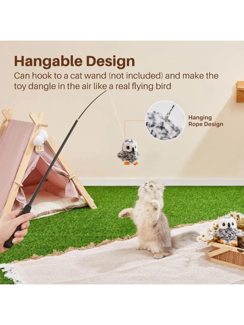 Interactive Rechargeable Cat Toy - Lifelike Flapping Owl with Bird Chirp, Catnip